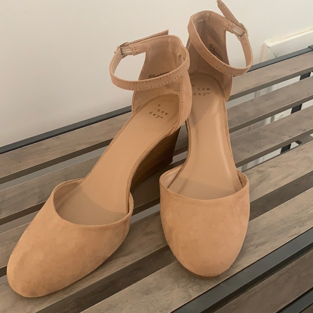 Camel faux suede wedges